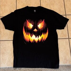 Black Halloween Pumpkin Face T‑Shirt with Fiery Orange Print